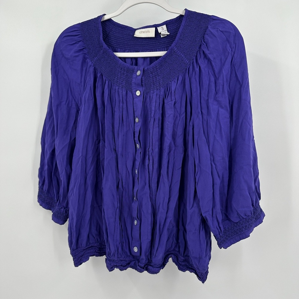Chicos Womens Boho Peasant Top Size 3 US XL Purple Artsy Lagenlook Coastal‎